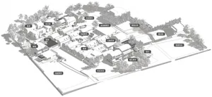 A detailed 2D architectural blueprint of a residential village, showcasing various buildings and amenities.
