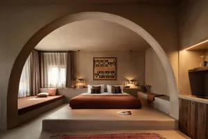 An industrial-style bedroom with a concrete platform bed and minimalist design.