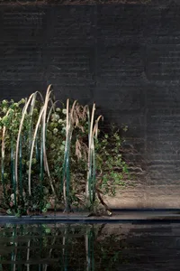 A minimalist landscape featuring metal arches and greenery, creating a contemporary aesthetic.