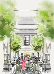 A patio area with mixed materials and greenery.