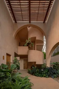 Interior of a modern house with concrete walls and natural light