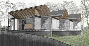 An illustration of a modern house with glass walls and wooden elements.