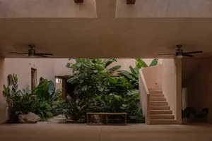 A modern interior space featuring concrete materials, with greenery and steps leading to a garden courtyard.