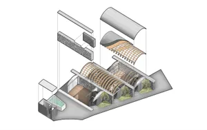 現代建築室內空間，運用混凝土、木材與玻璃材質