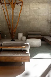 Modern living room featuring wooden furniture, concrete surfaces, and plush cushions.