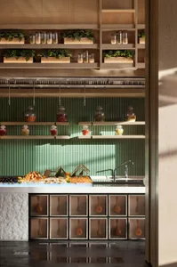A well-organized kitchen interior featuring wooden shelves stocked with various ingredients and plants.