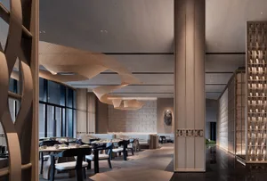 Modern restaurant interior with wood, glass, and stone materials