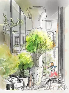 A detailed sketch of an elegant restaurant setting with tables, chairs, plants, and a woman sitting at one of the tables.