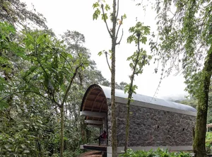 A modern residential interior with stone walls and a concrete ceiling, surrounded by lush greenery in a forest setting.