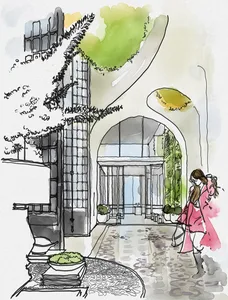 A watercolor painting depicting a serene landscape with a pathway leading into a building.