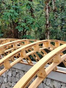 A wooden architectural structure composed of curved wooden beams and supported by a stone wall, surrounded by lush green foli