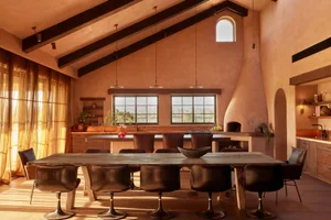 A modern residential interior featuring a combination of concrete, wood, and leather materials.