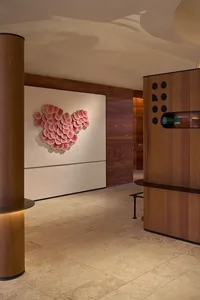 Modern retail shop interior featuring a camera lens-shaped art installation and wooden elements.