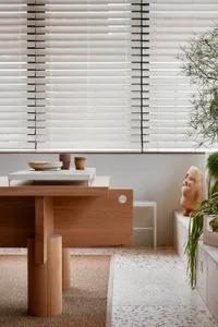 Modern minimalist interior featuring wooden furniture and plants.