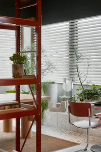 Modern industrial shelving unit with metal frame and shelves, featuring various plants and books.