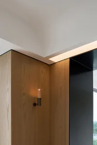 A modern entrance with wooden panels and a sconce light fixture.
