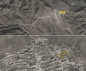 Aerial image of a town with labeled site