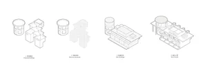 Wireframe diagram showing the construction process of a building.