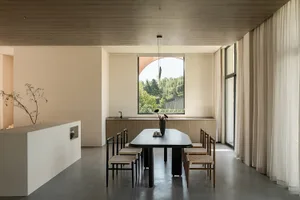 Modern dining room with wooden furniture, a leaning flower pot, and a view of greenery outside.