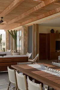 A modern interior featuring a wooden roof and seating area with cactus plants.