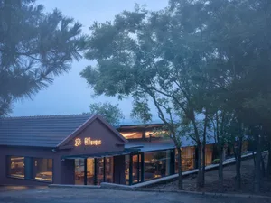A modern residential house with wooden exterior and large windows, surrounded by trees at dusk.