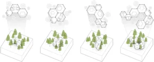 A series of modular hexagon apartments rendered in paper style.