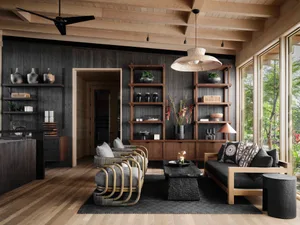 A modern minimalist living room with a wooden floor, black and wooden furniture, and a large window overlooking greenery.