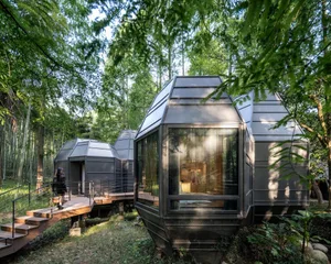 A modern minimalist metal house with a unique geometric design, surrounded by lush greenery in a forested area.