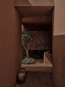 An entranceway with a concrete pathway and minimalist design elements.