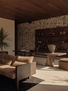 Modern living room with wooden furniture and stone accent wall