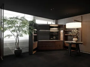 A modern living space with a wooden interior, a fly shade hanging from the ceiling, and a potted plant next to a large window