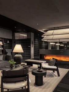 Modern, minimalist living room featuring concrete and wood elements with a cozy fireplace.