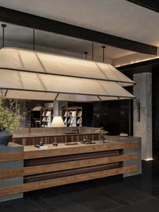 Modern reception desk with wood and concrete materials