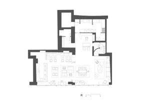 Minimalist apartment layout with open floor plan, modern furniture, and simple color palette.