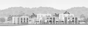 Modern apartment buildings in a rendered image with trees in the background.