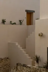 Concrete staircase leading to a wooden door in a minimalist architectural exterior.