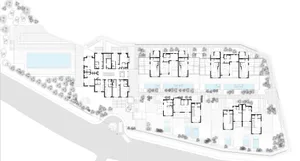 Floor plan of residential apartments with concrete, glass, and steel materials.