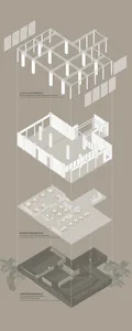 A 2D architectural drawing of an office interior with furniture and structural elements.