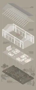 A modern office interior floor plan featuring wooden beams and structural elements.