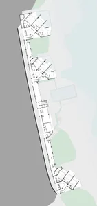 Detailed 2D architectural drawing of a residential floor plan with multiple rooms and outdoor spaces.