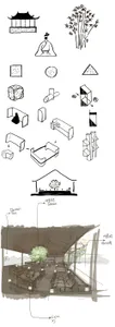 A sketched rendering of an architectural interior using paper as the medium.