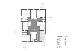 Floor plan of an office space with numbered rooms and labeled areas.