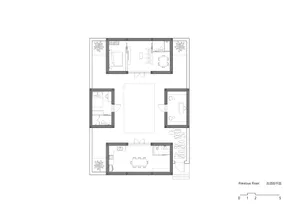 A detailed architectural drawing of a modern home layout, including rooms and spaces.