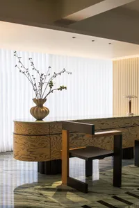 Modern interior design featuring wooden furniture and decor