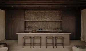 Modern kitchen featuring stone countertops and flooring.