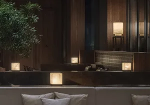 Modern reception area featuring marble decor with lamps and greenery.