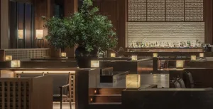 A modern restaurant bar with dark wood materials and a focus on the bar area with bottles and lighting.