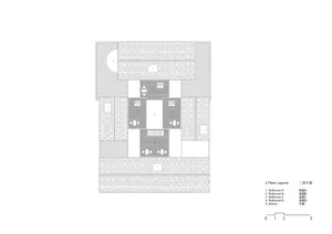 An overhead view of a teahouse architecture floor plan showing various sections and spaces.