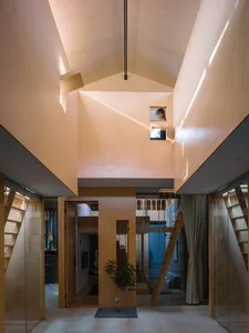Modern residential interior design featuring wooden elements.