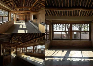 A modern interior space with wooden architectural elements and large windows.
